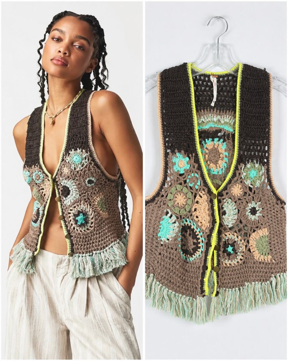 Free People Desert Rose Crochet Vest XS Outer Banks Netflix Wardrobe Boho Fringe